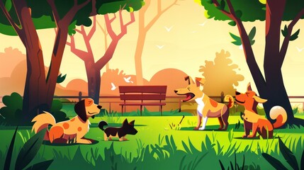 Naklejka premium Happy dogs playing in a park with a bench and trees.