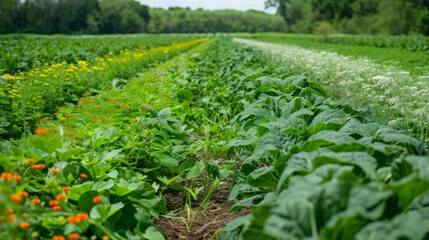 Biodiverse No-Till Field with Mixed Cover Crops Under a Blue Sky for Sustainable Agriculture