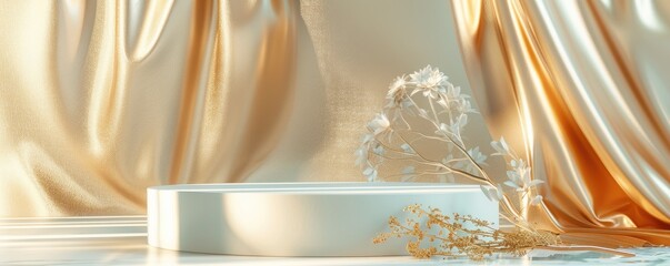 White Cylinder Podium with Gold and White Flowers and Draped Satin Fabric Background