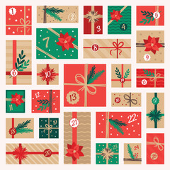 Christmas advent calendar template with gifts. Countdown holiday calendar. Vector illustration.
