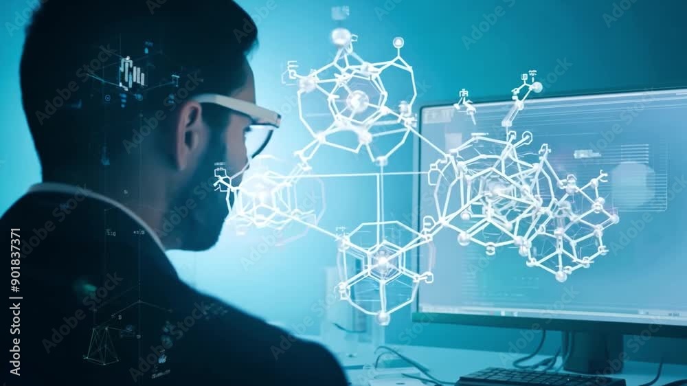 Poster a man in a suit looks intently at a computer screen displaying a complex network diagram.