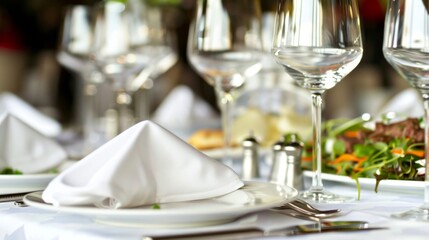 Fototapeta premium An elegant table setting with beautifully plated gourmet dishes, surrounded by white linen napkins and sparkling silverware, ready for a fine dining experience
