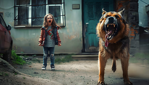 Big terrible stray dog barking and growls on screaming little girl walking street, rabid stray dog attacks neglected child with cynophobia. Lonely girl met dangerous rabies stray dog,&nbsp;