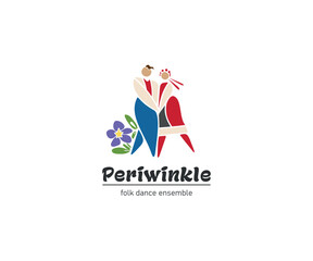 Periwinkle. Logo. Illustration of a couple in folk dress. A boy and a girl are dancing. Ukrainian folk clothes, dance. Folk style.