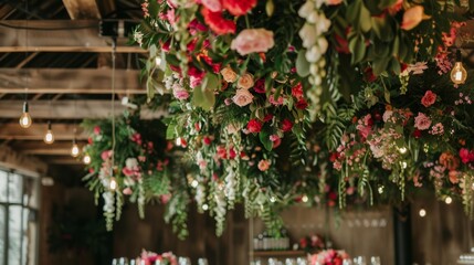 Fototapeta premium Elegant Wedding Reception Hall with Hanging Floral Installations and Cascading Greenery