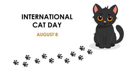 Postcard for the international cat day on August 8. Funny cartoon black cat on white background. Design template for greeting card, poster, flyer. Vector illustration