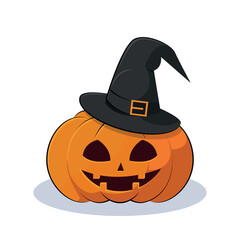 Scary Halloween pumpkin in witch hat on white background. Vector illustration