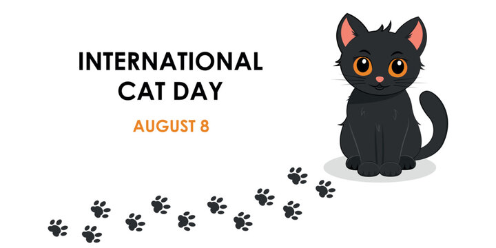 Postcard for the international cat day on August 8. Funny cartoon black cat on white background. Design template for greeting card, poster, flyer. Vector illustration