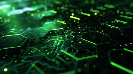 Obraz premium Futuristic green digital landscape with glowing hexagons, abstract technology background ideal for innovation and tech themes