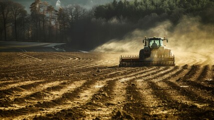 Fototapeta premium Powerful Tractor Performing Deep Tillage Plowing in a Vast Agricultural Field