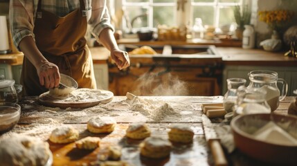 Rustic Farmhouse Kitchen with Natural Light Baking Scones Using Organic Flour