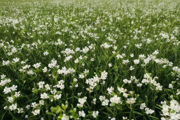 Field of white flowers blooming in the spring, a beautiful natural scene