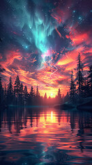 Fototapeta premium Aurora-lit valley on frigid planet, inhabitants drawing power from celestial lights, vertical auroral scene.generative ai