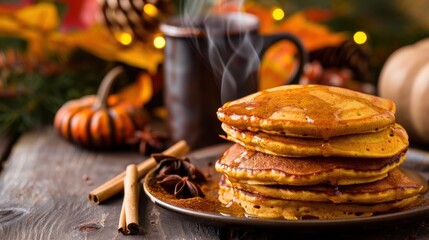 Autumn-Inspired Pumpkin Pancakes with Cinnamon on Rustic Table