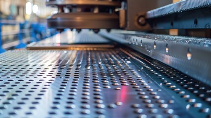 Sheet steel with perforations on guide rail of cutting machine in mechanical workshop