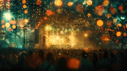 Blurred crowd at a concert with stage lights and bokeh.