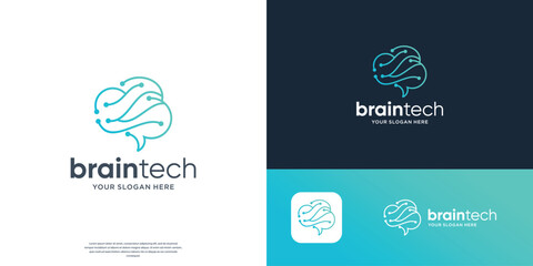 Fototapeta premium minimalist brain tech logo design, circuit tech concept line style vector illustration.