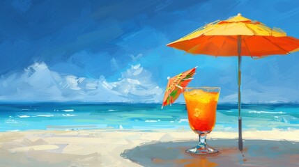 A beach scene with a glass of orange juice and an umbrella.