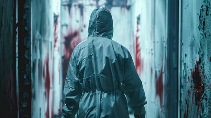 Rear View Physician observing zombie lurking behind the wall Prepared to combat the virus