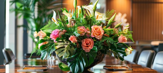 Fototapeta premium Stylish Conference Room with Exotic Floral Centerpiece for Sophisticated Business Meetings