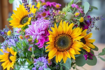 Obraz premium Vibrant Summer Flower Collection Featuring Sunflowers and Lavender for Seasonal Decor