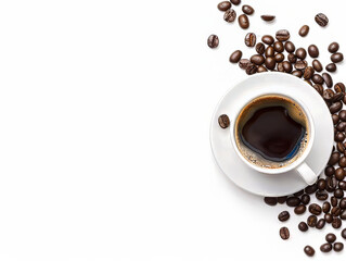 Cup of coffee with beans on a white background