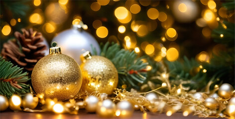 Golden Christmas ornaments with  sparkling golden glitter surrounded by green pine needles 