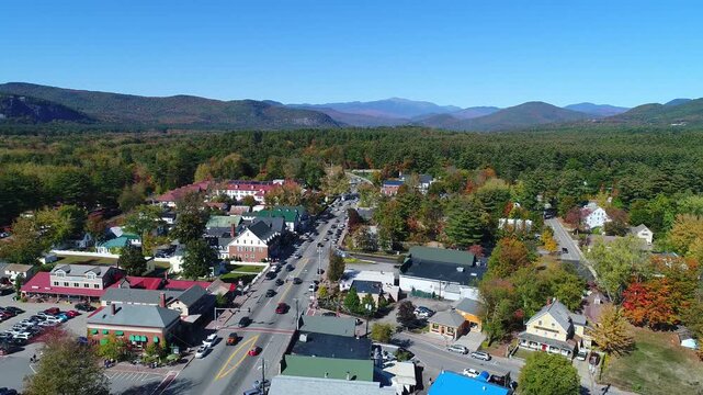 Flying Backward Over The Village of North Conway, New Hampshire With Mt Washington in the Background - Fall Foliage