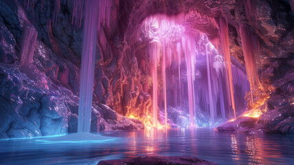Fototapeta premium a speleologist found a marvelously beautiful cave with stalactites and stalagmites. magical lighting, generative ai
