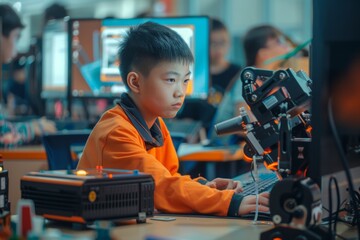 Focused Schoolboy Engaged in Robotics Project During Computer Science Class with Peers