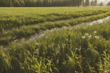 Golden wheat field bathed in warm summer sunlight