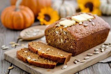 Sliced Pumpkin Bread With Butter and Honey