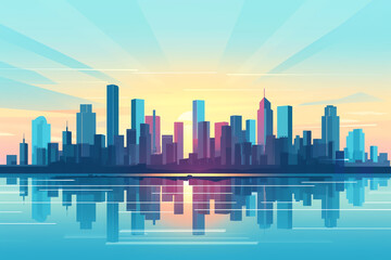 Obraz premium Flat design city skyline with river crossing, top view, urban theme