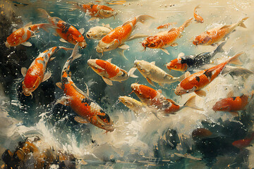 Koi Fish School at Water Surface