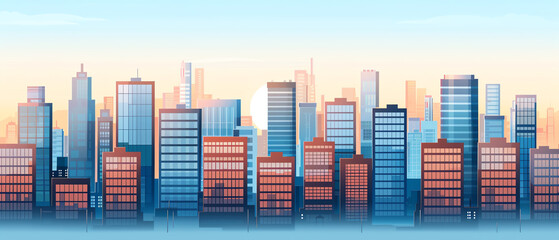 Flat design city skyline with urban plazas, top view, community spaces