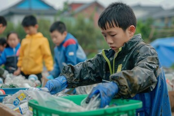 Asian Schoolchildren Sorting Recyclables During Environmental Awareness Program