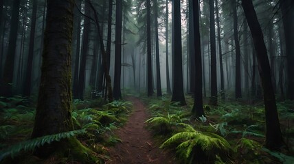 Fototapeta premium Dark forest landscape view, spooky green jungle under shadows of tall trees
