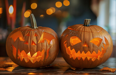 Fototapeta premium close up of carved halloween pumpkins on table