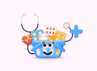 Poster with realistic 3d shopping cart with different pills for first help. Medicine collection concept.3D Web Vector Illustrations.