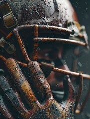 A close-up view of a football helmet with water droplets on the surface