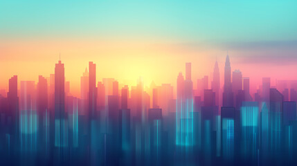 Urban skyline with ethereal light effects, abstract design, dreamlike atmosphere