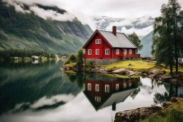 Fototapeta premium A small wooden house in a coniferous forest on the shore of a lake. A place for privacy and escape from the bustle of the city. House in a national park on the shore of a picturesque lake.