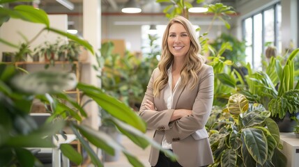 Leading Sustainability in Business: Woman Demonstrating Eco-Friendly Practices in Modern Office Environment