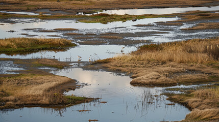 Obraz premium Distant View of Multiple Small Water Puddles on a Plain. Generative AI