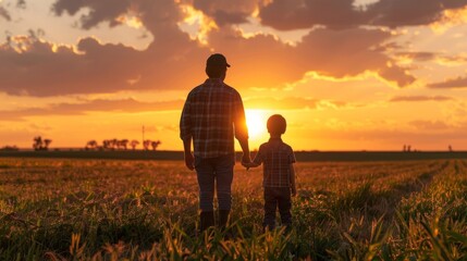 A man and a boy are standing in a field at sunset