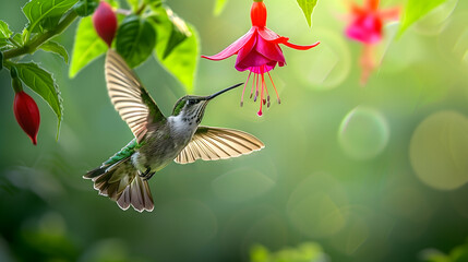 Obraz premium Hummingbird drink the nectar of the Fuchsia flower in the morning light, pink and purple