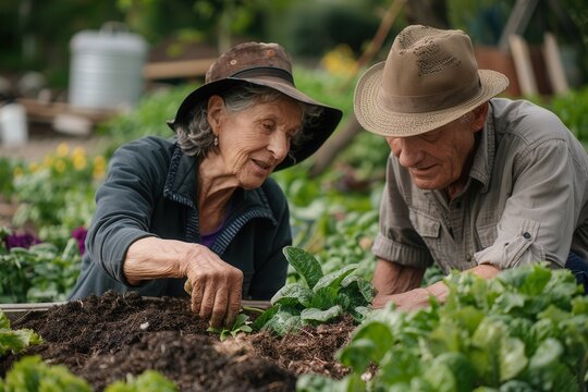 Sustainable Living: Senior Couple Gardening in Compost-Enriched Garden for Waste Management and Composting Benefits - Powered by Adobe