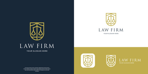 creative law firm logo collection, justice logo, black, white and gold background.