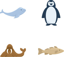 Alaska biome icons set cartoon vector. Antarctic and arctic animal. Environment, wildlife