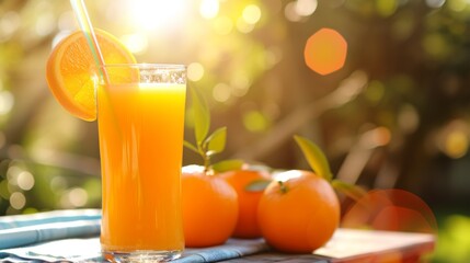 Fototapeta premium Glass of freshly squeezed orange juice with a colorful straw